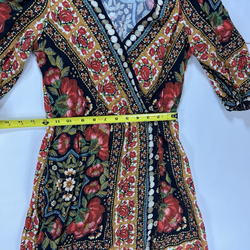 FARM Rio Floral Wrap Mini Dress V-Neck Puff Sleeve Pattern Tapestry Womens S - Picture 8 of 16